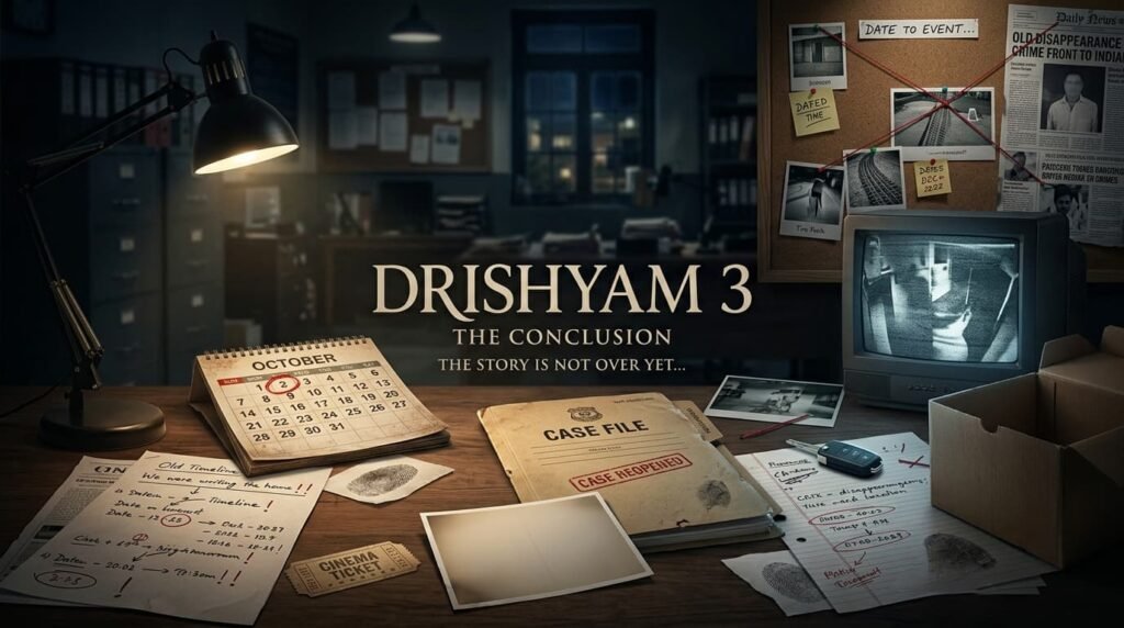 Drishyam 3 movie concept poster featuring mystery and police investigation